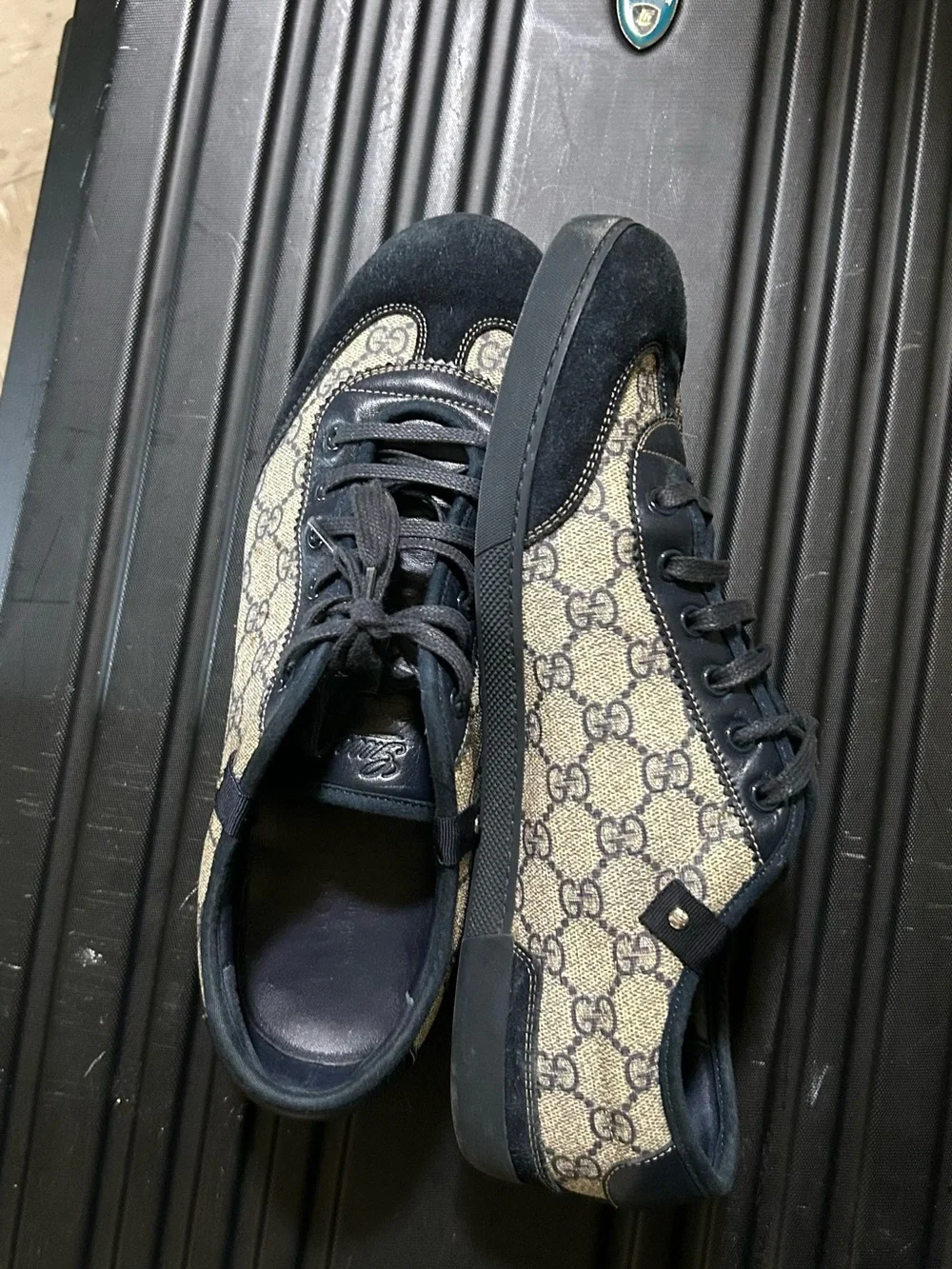 Gucci Beige Monogram & Navy Low-Top Sneakers